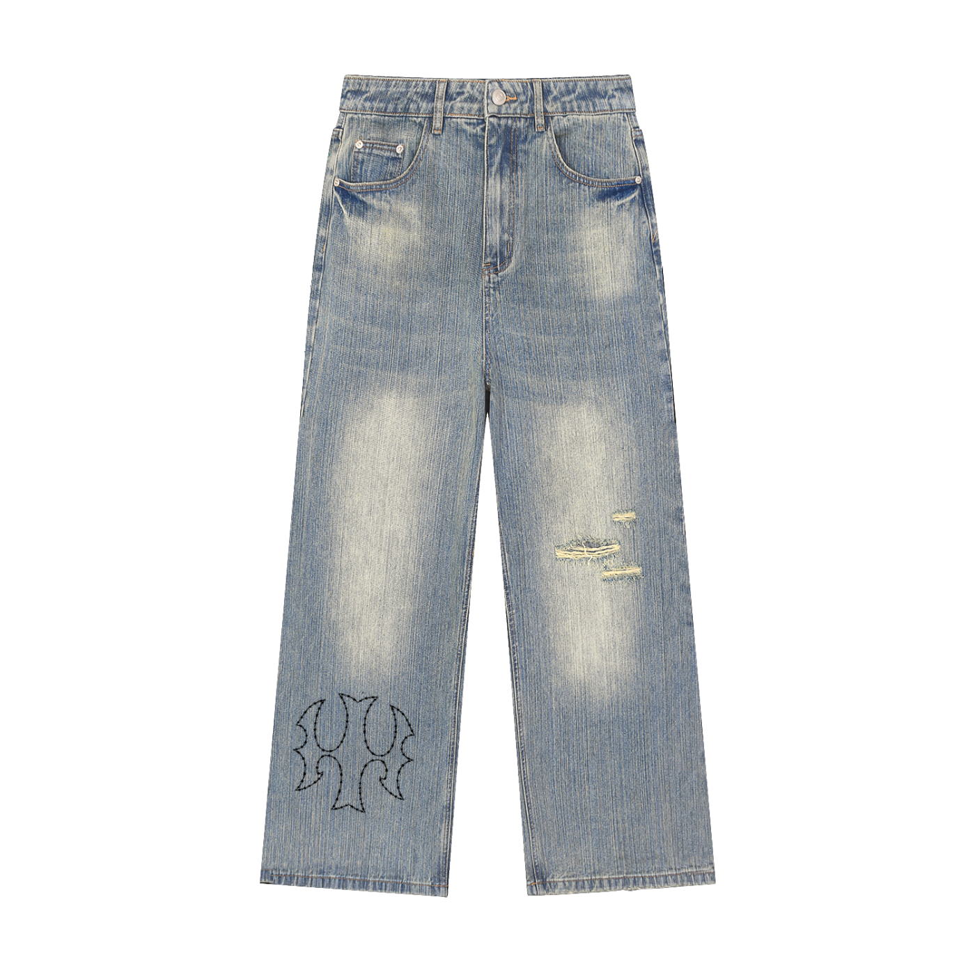 H&H Vintage Wash Distressed Wide Leg Denim Jeans
